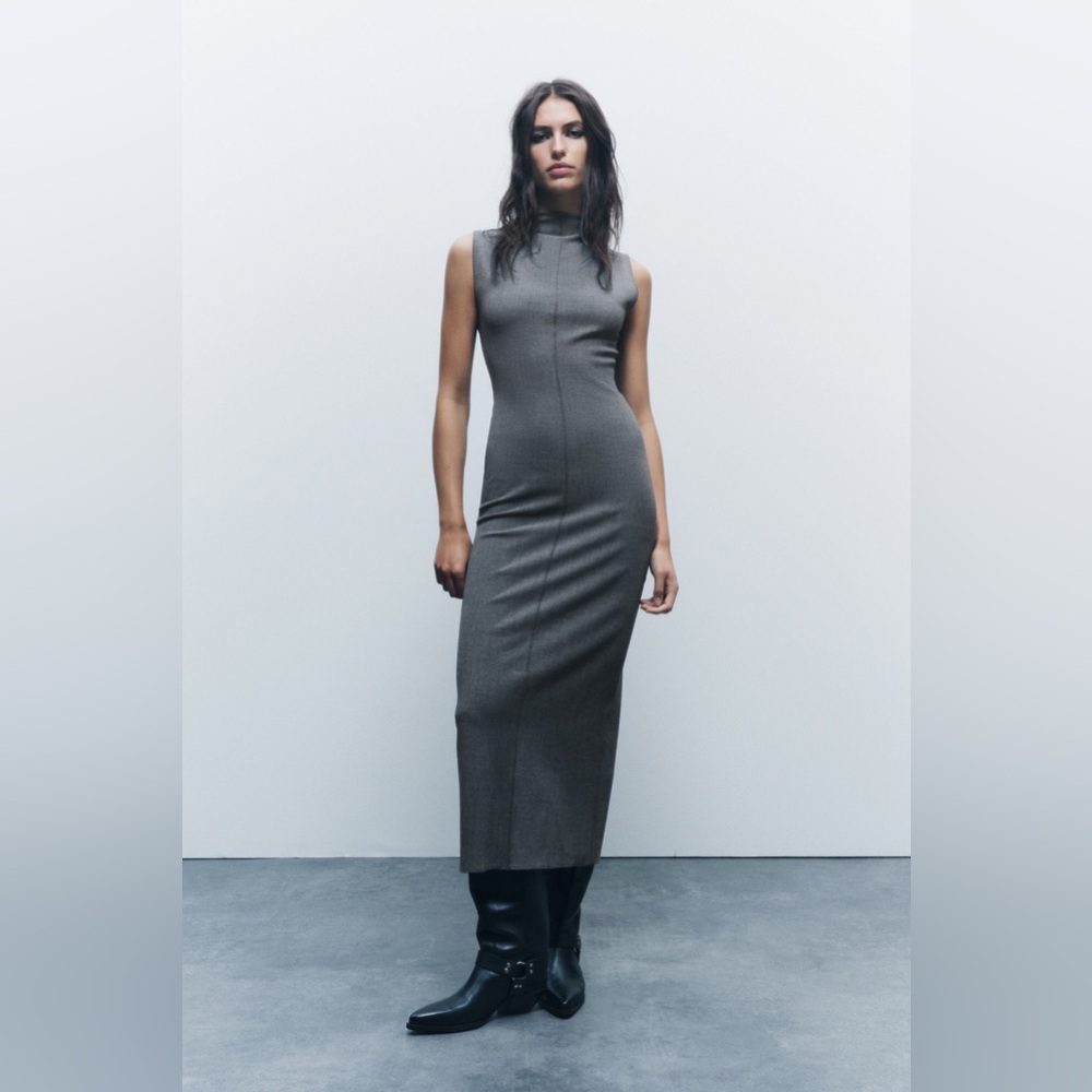 Zara Grey Seamed Slip Dress Midi Grey Size L